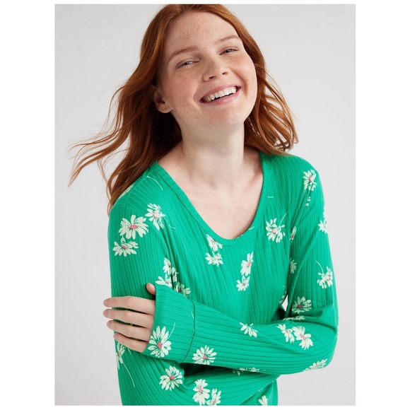 Joyspun Women’s Ribbed Green Floral Print Top and Pants Pajama Lounge Set - Picture 4 of 5